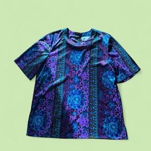 80s Vibrant Blue and Purple Patterned Top